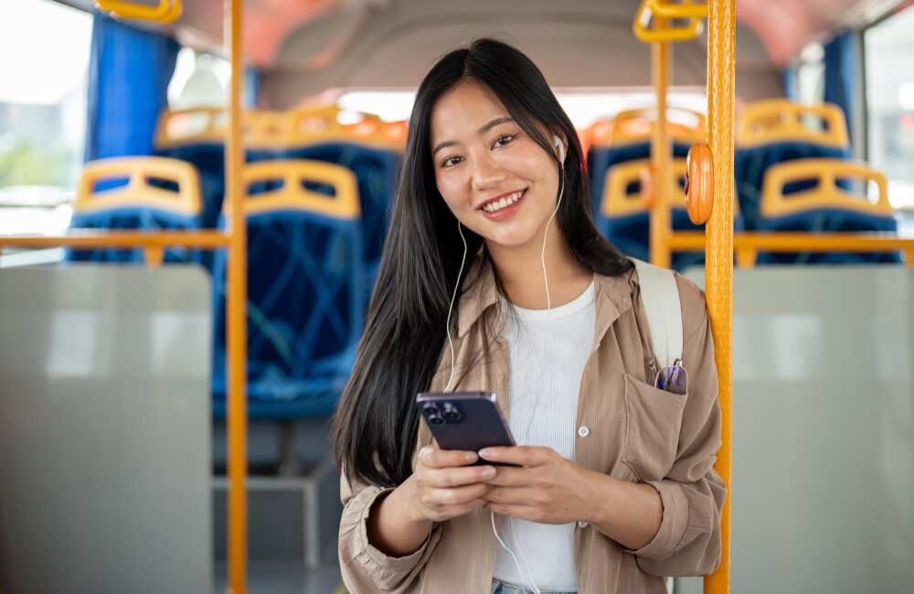 A young woman in a bus