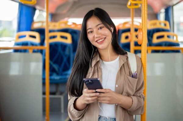 A young woman in a bus